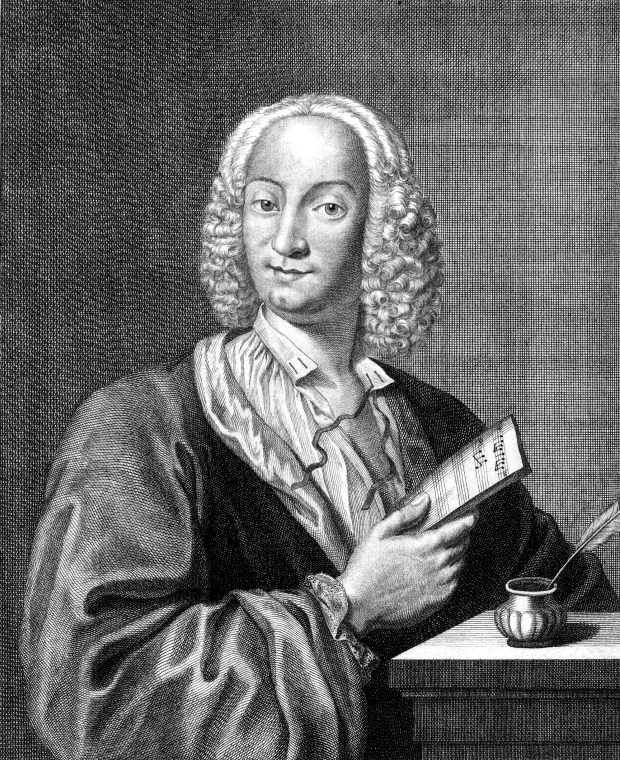 Black and white engraving of Antonio Vivaldi in a wig and open-collared shirt, holding a sheet of music, with a pen and inkwell beside him